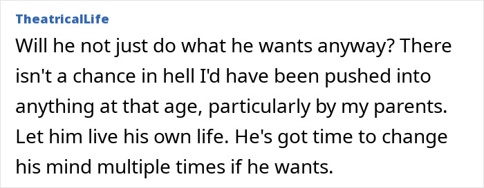 Text excerpt from TheatricalLife discussing a parent's perspective on steering a son's career against dreams and allowing life choices. Text excerpt from TheatricalLife discussing a parent's perspective on steering a son's career against dreams and allowing life choices.