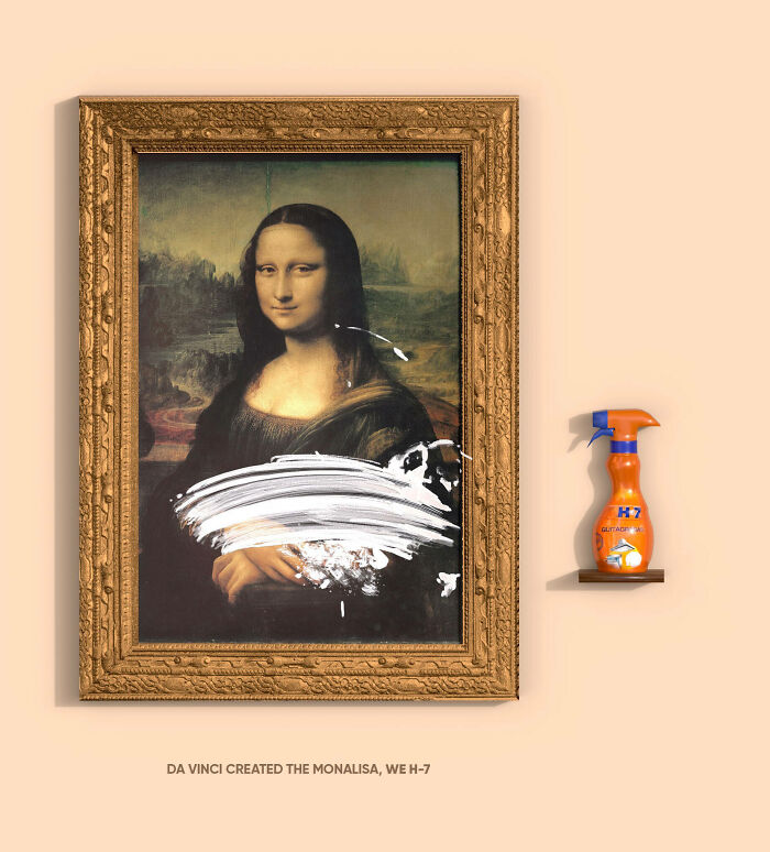 Mona Lisa painting partially covered with white paint next to an orange cleaning spray in a creative ad campaign.