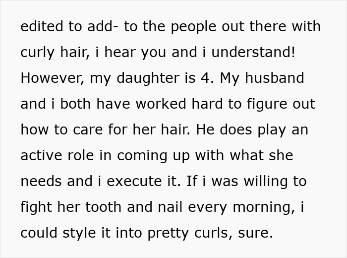 Text excerpt discussing a mom addressing hair care for her biracial daughter amid curls and whitewashing criticism. Text excerpt discussing a mom addressing hair care for her biracial daughter amid curls and whitewashing criticism.