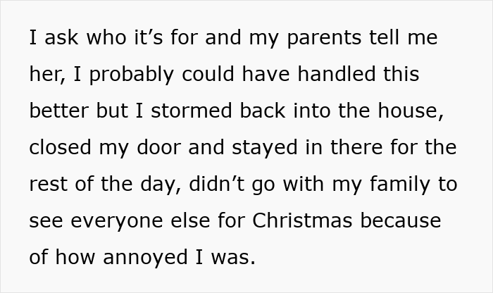 Text excerpt describing a sibling upset over parents gifting a 17-year-old golden child a $25K car while giving another a phone case.