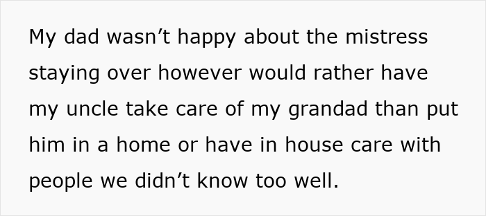 Text explaining family tensions about entitled brother and preference for in-house care over a nursing home. Text explaining family tensions about entitled brother and preference for in-house care over a nursing home.