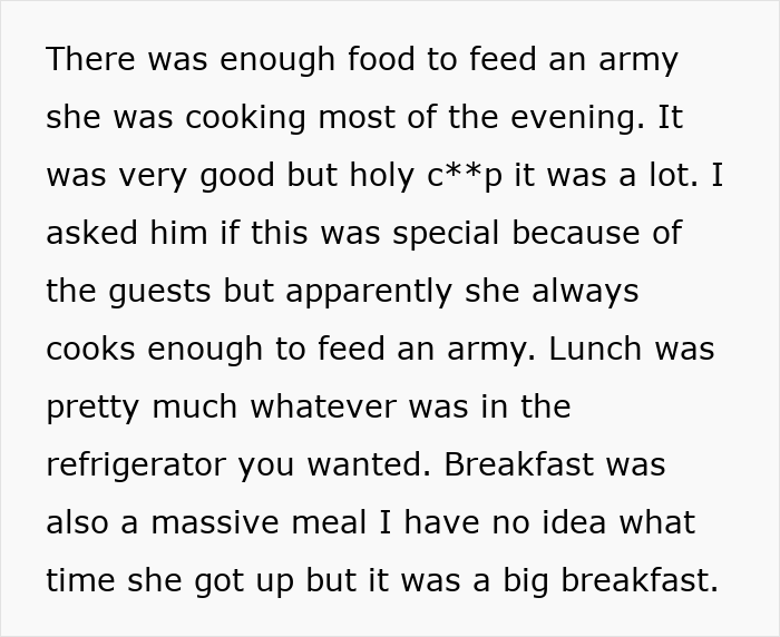 Alt text: Text describing family expectations and experiences with boyfriend’s mother cooking large meals for family gatherings. Alt text: Text describing family expectations and experiences with boyfriend’s mother cooking large meals for family gatherings.