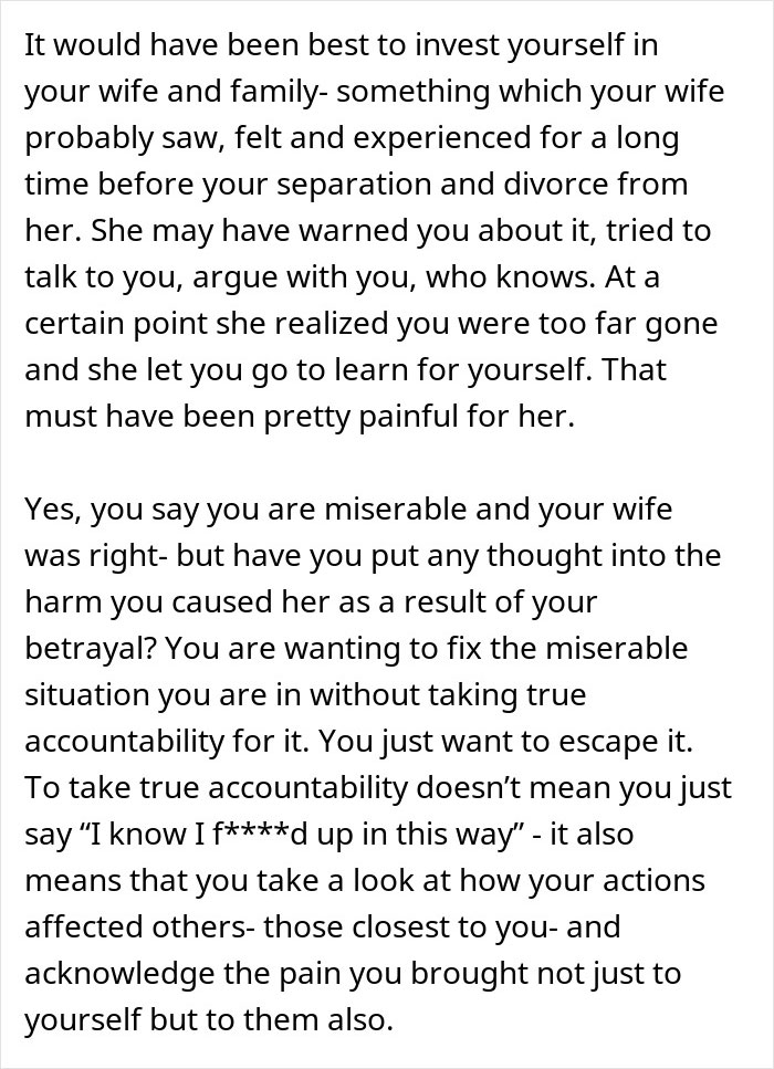 Text discussing a man leaving his wife for a younger woman and facing the harsh truth of his actions. Text discussing a man leaving his wife for a younger woman and facing the harsh truth of his actions.