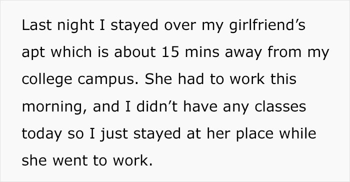 Text excerpt from a personal story about staying over at a girlfriend’s apartment near a college campus. Text excerpt from a personal story about staying over at a girlfriend’s apartment near a college campus.
