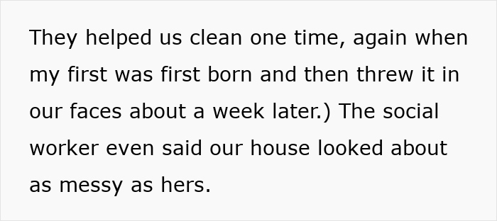 Text excerpt about couple dealing with toxic in-laws and a social worker commenting on house condition after CPS involvement. Text excerpt about couple dealing with toxic in-laws and a social worker commenting on house condition after CPS involvement.