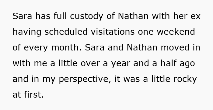 Text excerpt about Sara having full custody of Nathan, sharing a rocky experience after moving in with her and Nathan over a year ago. Text excerpt about Sara having full custody of Nathan, sharing a rocky experience after moving in with her and Nathan over a year ago.