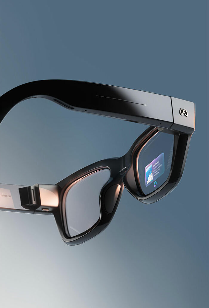 Close-up of Meta Glasses featuring built-in display technology used by woman to record vacation regrets footage. Close-up of Meta Glasses featuring built-in display technology used by woman to record vacation regrets footage.