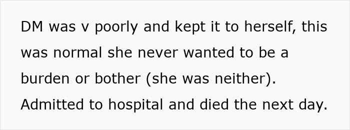 Text excerpt about a mother’s hospital admission and passing, relevant to funeral mother partner ex husband topics. Text excerpt about a mother’s hospital admission and passing, relevant to funeral mother partner ex husband topics.