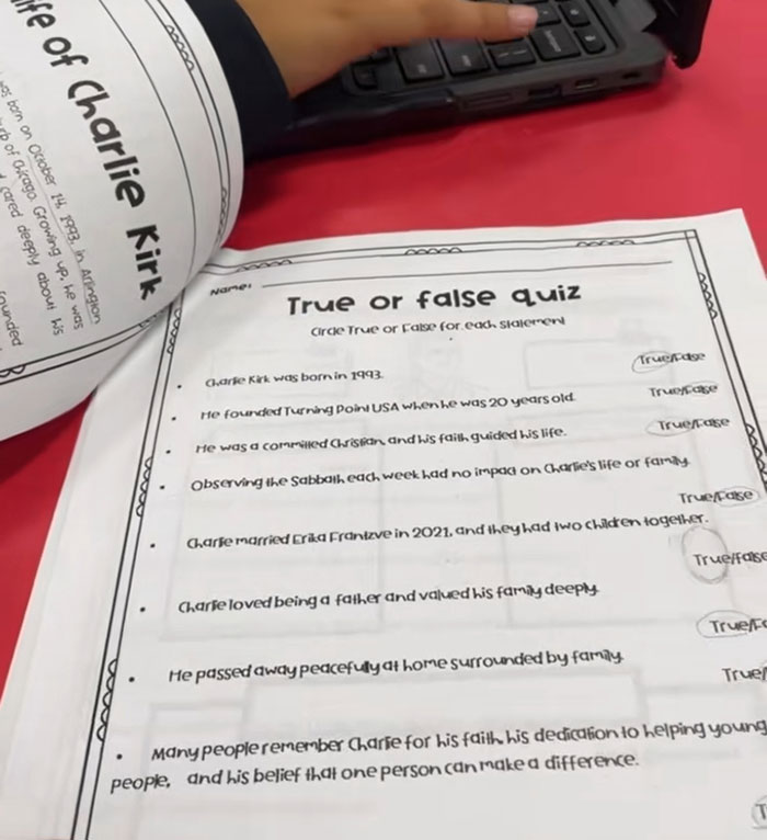 Child's homework assignment about life of Charlie Kirk with true or false quiz, sparking dad's discovery and outrage. Child's homework assignment about life of Charlie Kirk with true or false quiz, sparking dad's discovery and outrage.