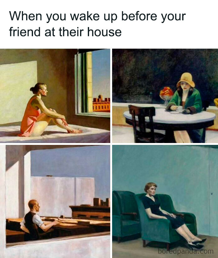 Modern captions added to old paintings showing people in quiet, reflective moments with comedic effect.