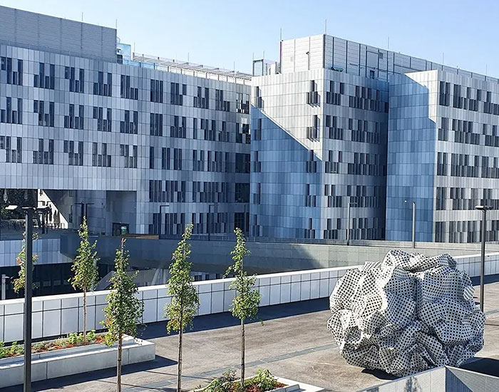 Modern hospital building exterior with sculpture, related to brain surgeon arrest and skull drilling incident. Modern hospital building exterior with sculpture, related to brain surgeon arrest and skull drilling incident.