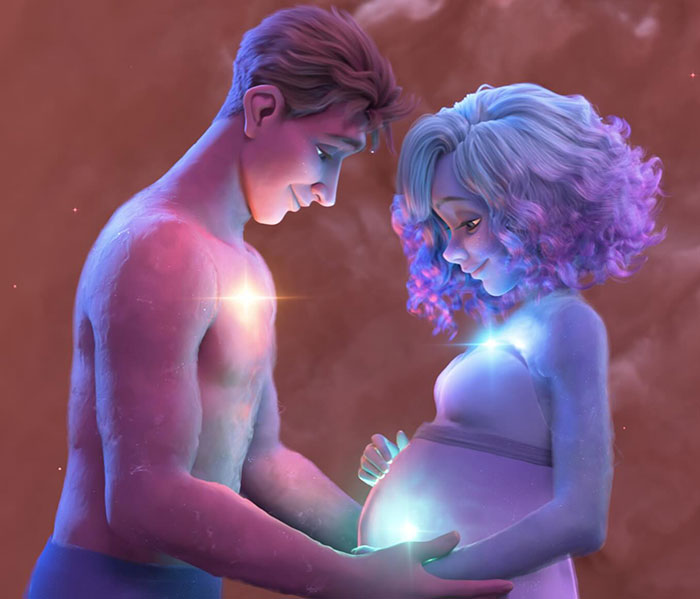 Animated pregnant woman and man glowing with light, representing heterosexual breeding propaganda in new Disney film backlash. Animated pregnant woman and man glowing with light, representing heterosexual breeding propaganda in new Disney film backlash.