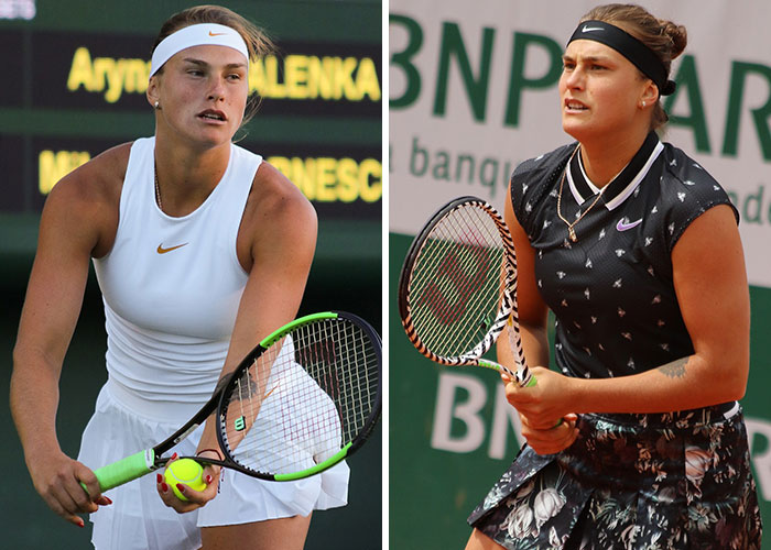 Two female tennis stars in action on court, one preparing to serve, highlighting a rivalry and media uproar over testosterone remarks. Two female tennis stars in action on court, one preparing to serve, highlighting a rivalry and media uproar over testosterone remarks.