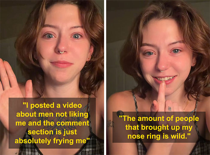 Young woman with and without nose ring, sharing her story about removing it after men said she looks like a Democrat. Young woman with and without nose ring, sharing her story about removing it after men said she looks like a Democrat.