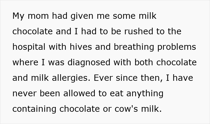 Child recounting being given milk chocolate despite food allergies by parents, leading to no contact due to safety concerns.