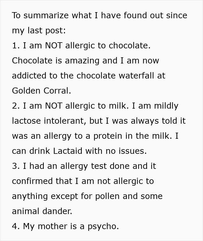 Text outlining a person’s discovery that their parents lied about food allergies, leading to no contact with daughter.