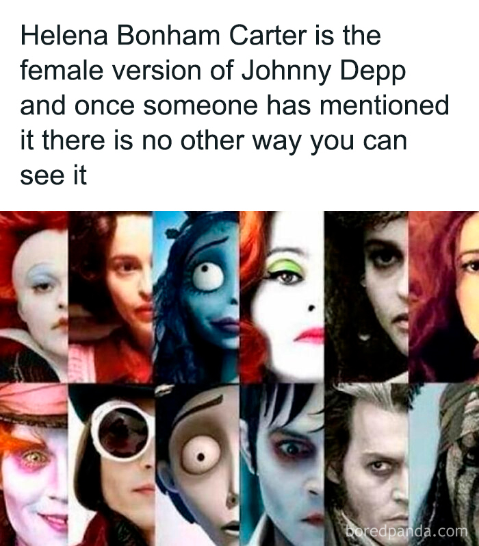 Split image comparing Helena Bonham Carter and Johnny Depp characters with horror and Halloween meme themes.