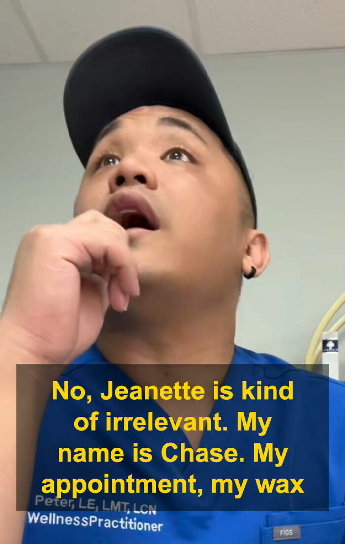 Man in cap looking surprised during aesthetician interaction about a false booking in a viral video moment. Man in cap looking surprised during aesthetician interaction about a false booking in a viral video moment.