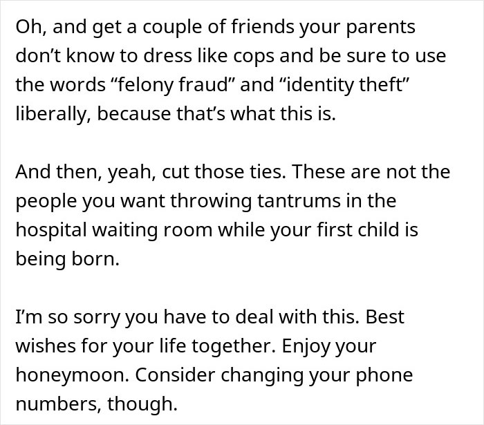 Text excerpt about a couple discovering wedding sabotage by parents, advising legal and personal actions before the ceremony.