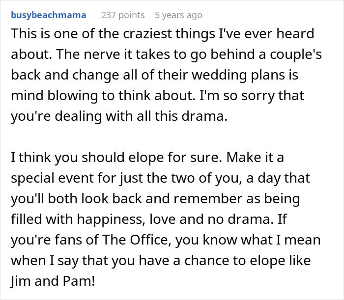 Comment expressing shock over parents sabotaging couple's wedding plans days before the ceremony and suggesting elopement.