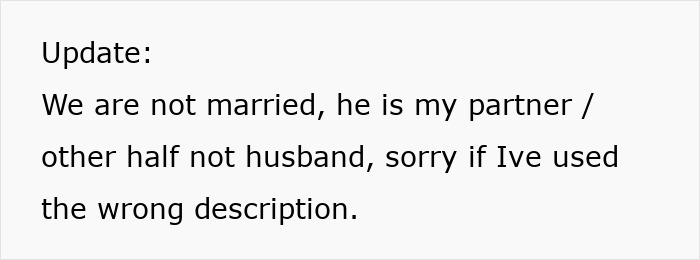 Text update clarifying partner status, noting not married, partner is not husband in funeral-related context. Text update clarifying partner status, noting not married, partner is not husband in funeral-related context.