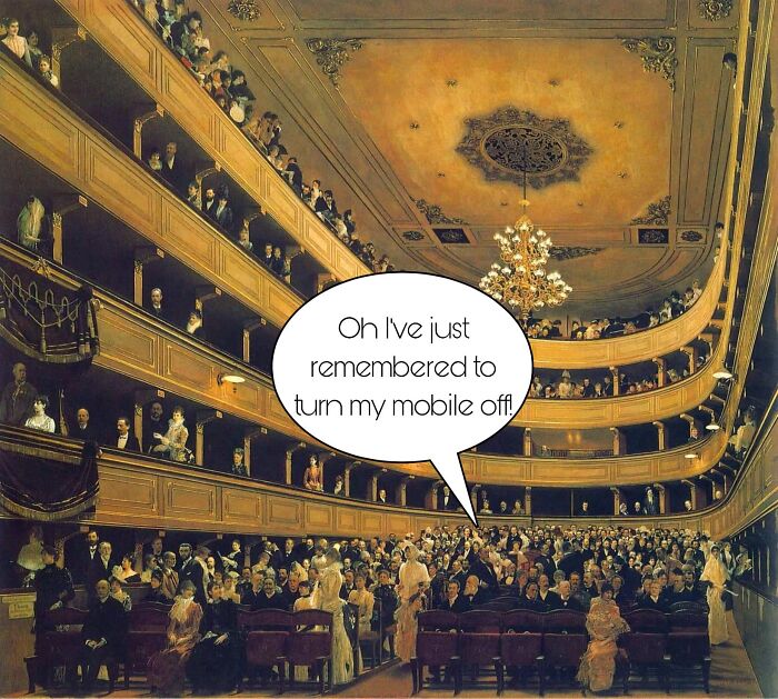 Classical painting of a theater crowd with a humorous caption about turning a mobile phone off, creating a funny meme.
