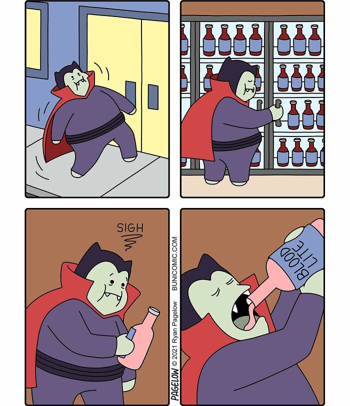 Cute darkly funny Buni comic panels showing a vampire character buying and drinking a bottle labeled Blood Life.