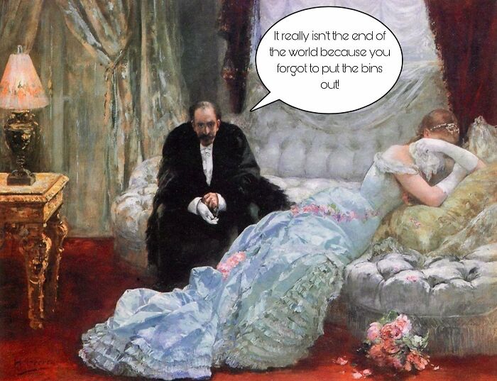 Classical painting with humorous meme caption showing a man and a woman in Victorian-era clothing on a sofa.