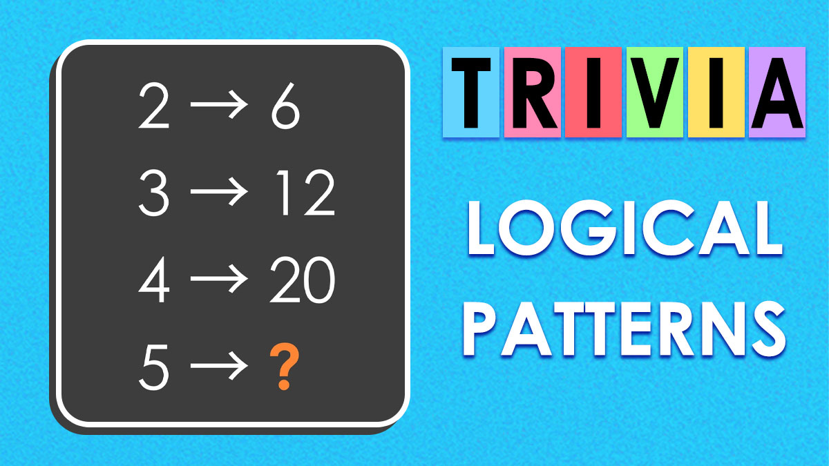 Blackboard showing a numerical pattern puzzle with a question mark and colorful letters spelling trivia logical patterns.
