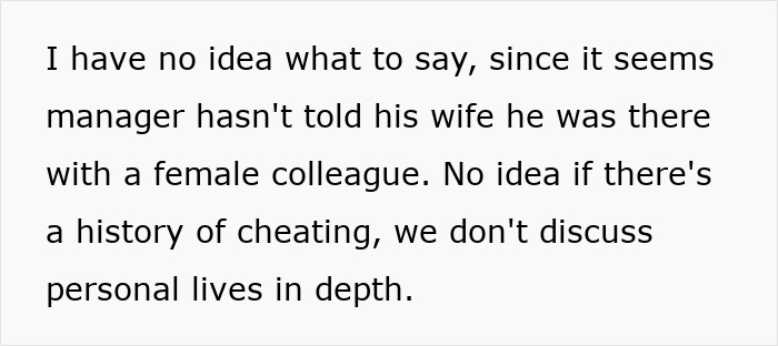 Text excerpt about a boss, wife, and innocent worker discussing possible misunderstanding related to an affair claim. Text excerpt about a boss, wife, and innocent worker discussing possible misunderstanding related to an affair claim.