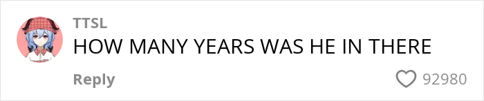 Comment on social media post asking how many years someone was inside, with 92,980 likes visible.