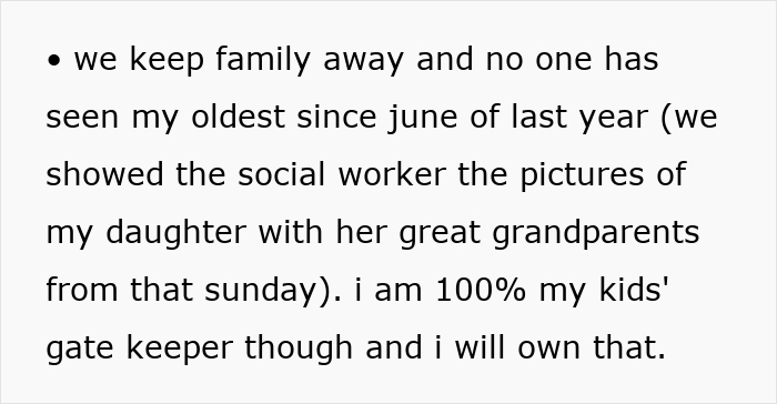 Text excerpt about keeping family away from a newborn and showing social worker photos, focusing on toxic in-laws and newborn protection. Text excerpt about keeping family away from a newborn and showing social worker photos, focusing on toxic in-laws and newborn protection.