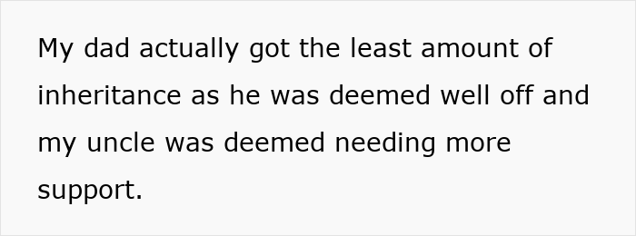 Alt text: Text discussing inheritance and entitled brother house ride, highlighting unequal distribution of support within family. Alt text: Text discussing inheritance and entitled brother house ride, highlighting unequal distribution of support within family.