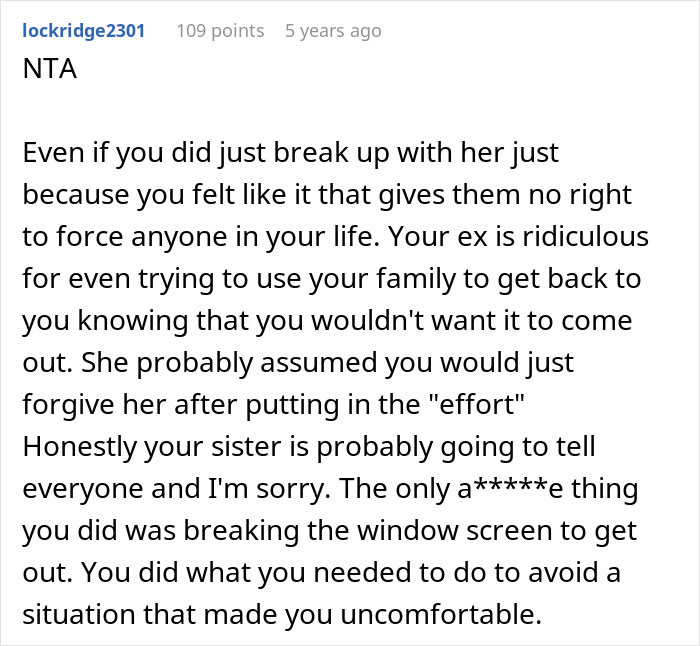 Screenshot of a user comment explaining why a guy runs out the window after his mom’s attempt to reconcile him and his ex-fiancé.