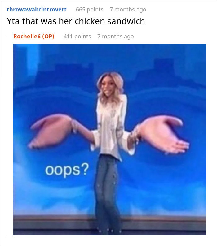 Woman with exaggerated large hands shrugging in front of blue background with word oops, related to chicken sandwich and political debate. Woman with exaggerated large hands shrugging in front of blue background with word oops, related to chicken sandwich and political debate.