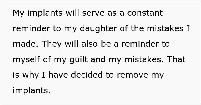 Text about a single mom reflecting on plastic surgery implants as reminders of her mistakes before deciding to remove them. Text about a single mom reflecting on plastic surgery implants as reminders of her mistakes before deciding to remove them.