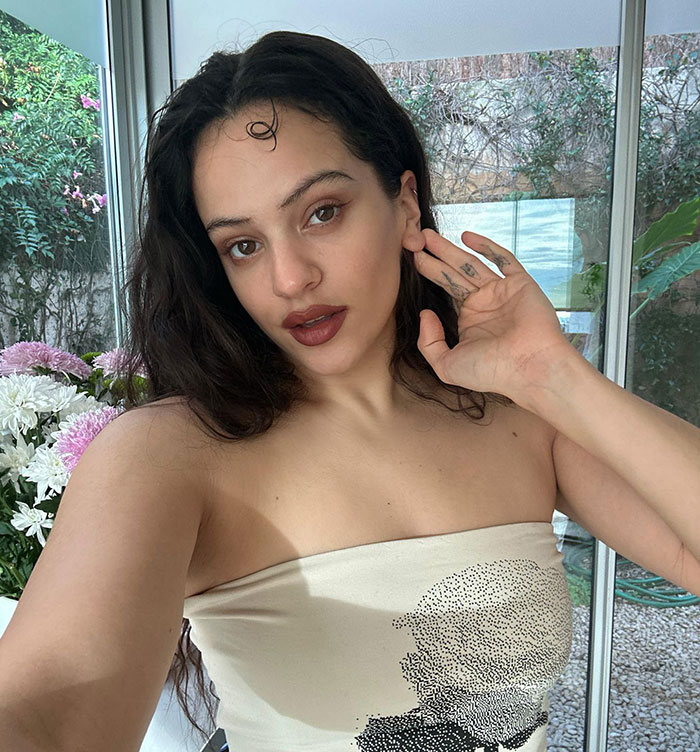 Pop star posing indoors in a strapless top, showing dyed armpit hair, related to Paris Fashion Week reactions. Pop star posing indoors in a strapless top, showing dyed armpit hair, related to Paris Fashion Week reactions.