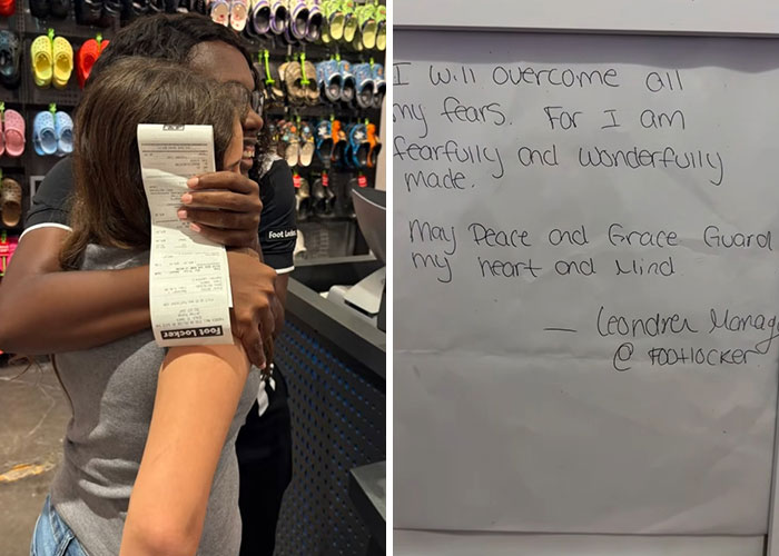 Mom and daughter hugging in a shoe store as brands step up to help with bullying over clothes. Mom and daughter hugging in a shoe store as brands step up to help with bullying over clothes.