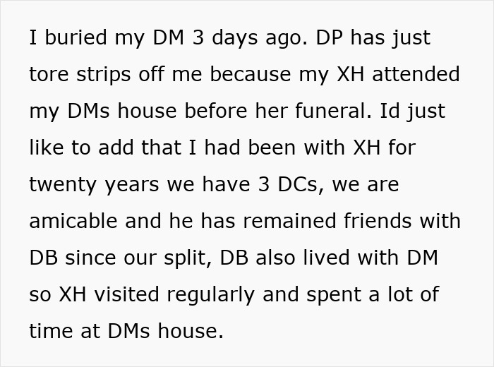 Text discussing tensions between a mother’s partner and ex-husband related to funeral and family dynamics. Text discussing tensions between a mother’s partner and ex-husband related to funeral and family dynamics.
