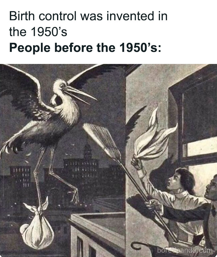Old painting humor with modern caption showing a stork delivering a baby before birth control in 1950s era.