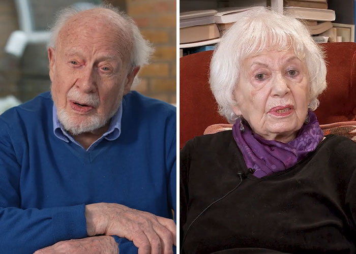 Holocaust survivor Ruth Posner and her husband in separate interviews, sharing personal reflections indoors. Holocaust survivor Ruth Posner and her husband in separate interviews, sharing personal reflections indoors.