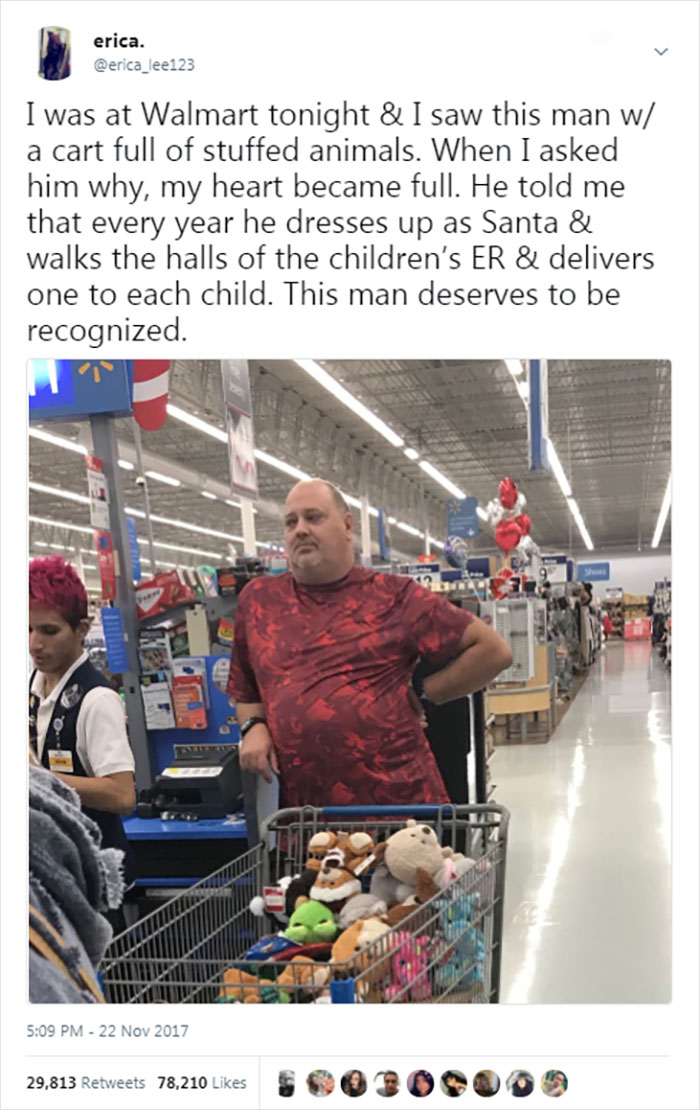 Man at Walmart with a cart full of stuffed animals, known for dressing as Santa and giving toys to children annually. Man at Walmart with a cart full of stuffed animals, known for dressing as Santa and giving toys to children annually.