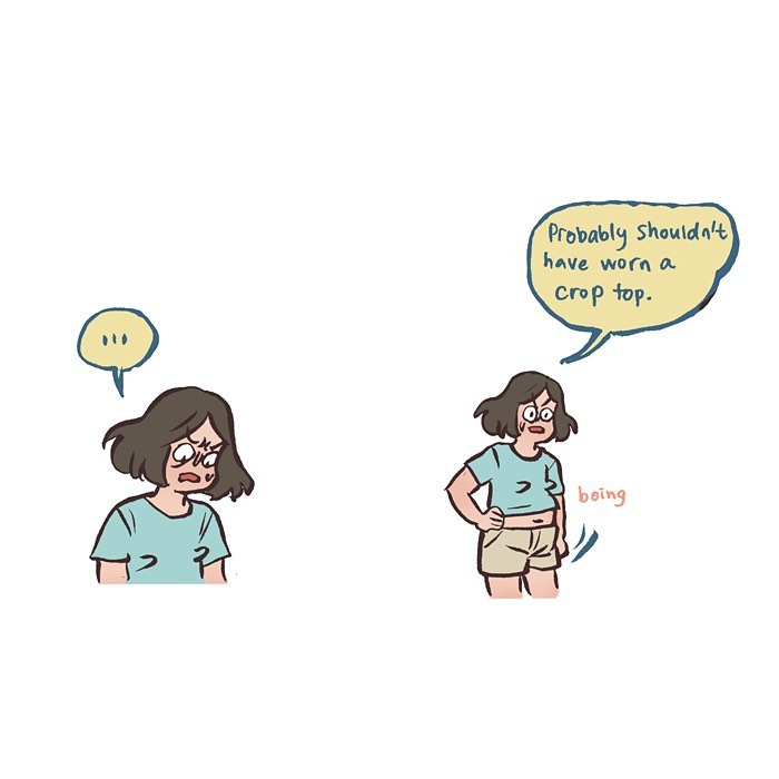 Malaysian artist cartoon showing a hand taking a photo of food and a woman excitedly looking at her phone.