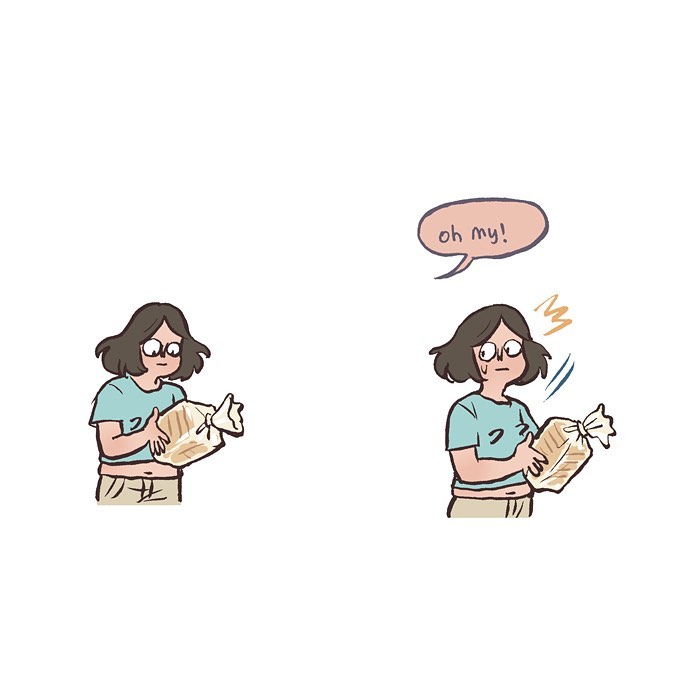 Malaysian artist cartoon showing a hand taking a photo of food and a woman excitedly looking at her phone.