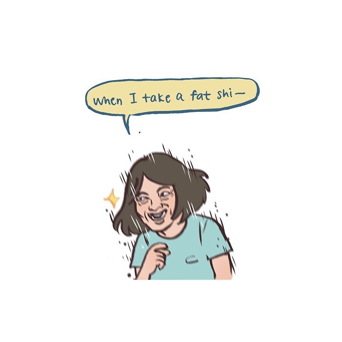 Malaysian artist cartoon showing a hand taking a photo of food and a woman excitedly looking at her phone.