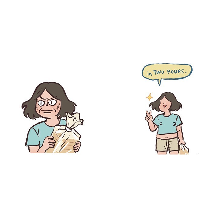 Malaysian artist cartoon showing a hand taking a photo of food and a woman excitedly looking at her phone.