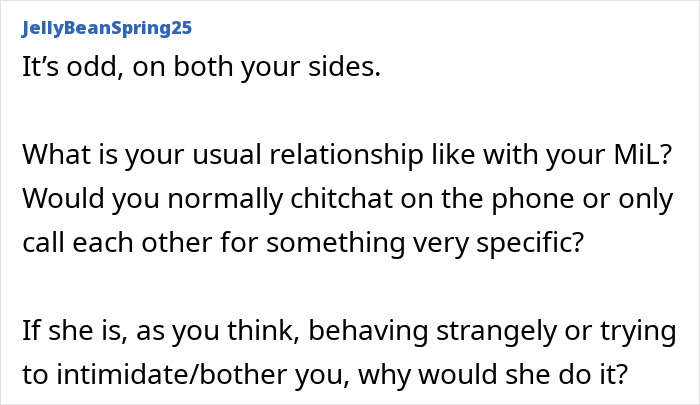 Text post discussing the relationship and phone calls between a daughter-in-law and her mother-in-law. Text post discussing the relationship and phone calls between a daughter-in-law and her mother-in-law.