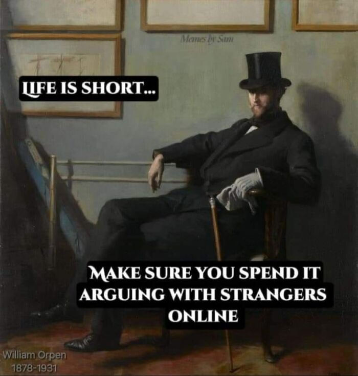 Classical painting of a man in a top hat humorously captioned to create one of the funniest memes online.