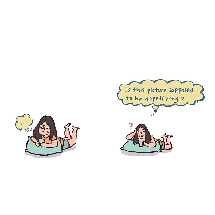 Malaysian artist’s relatable comic showing her reaction to her tall geeky husband’s food pictures while drawing at a desk.