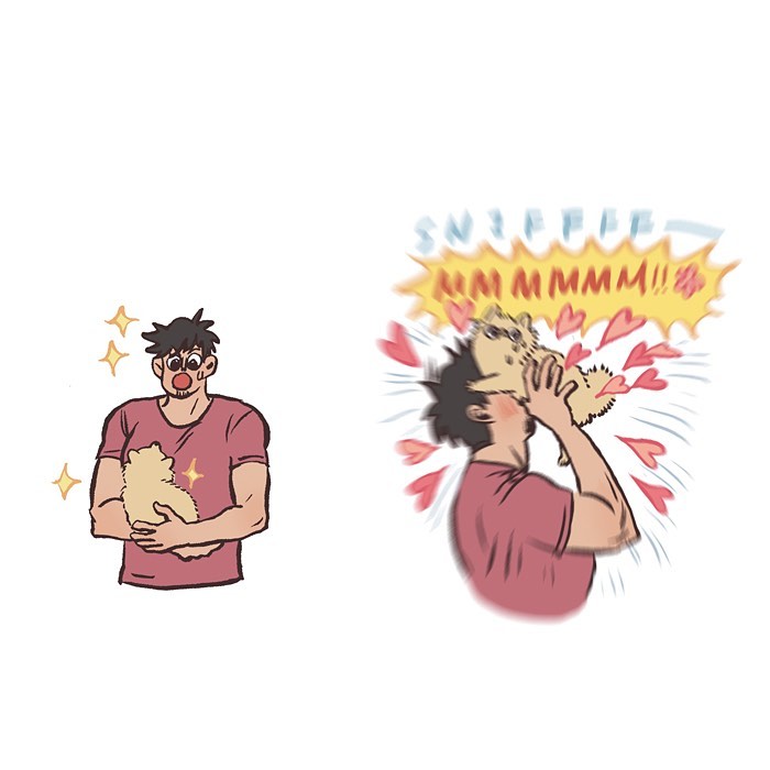 Malaysian artist cartoon shows tall geeky husband sniffing their relaxed sleeping pet in a relatable comic scene.